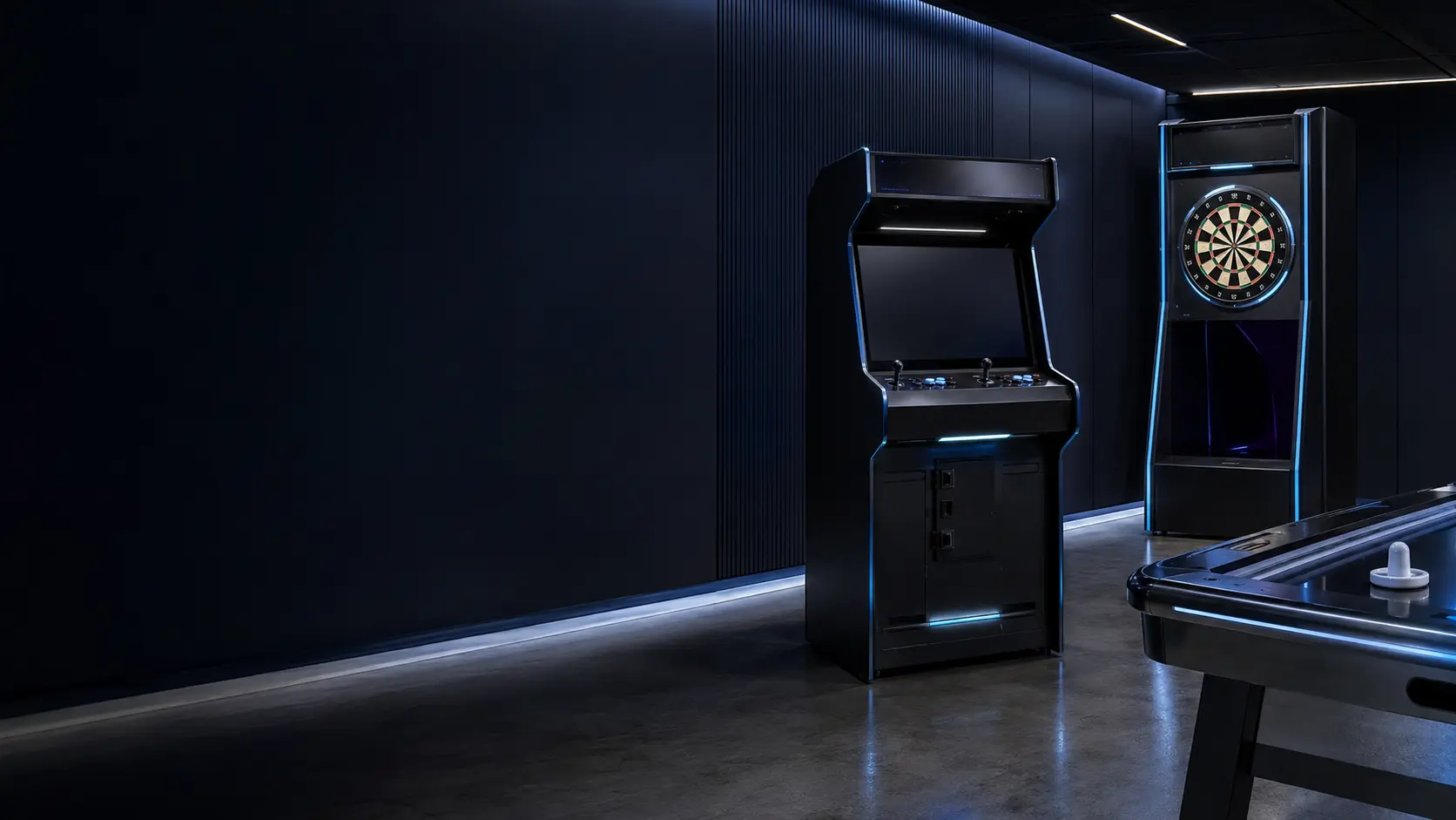 Ilustračná vizualizácia herne so zábavnými automatmi, elektronickými šípkami a air hockey